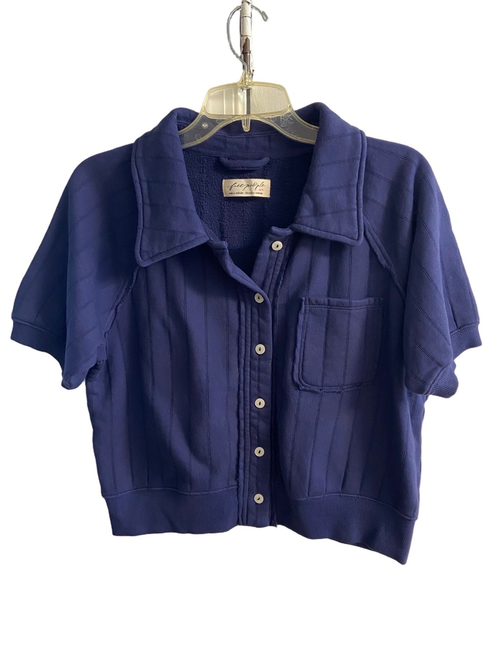Free People Navy Ribbed Short Sleeve Sweatshirt Polo Top Peacoat Medium NWT